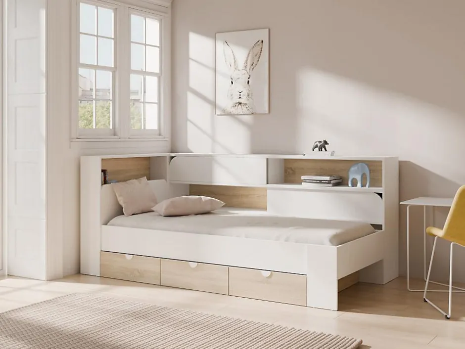 Vente-unique Lit 90 x 190 cm avec rangements - Coloris : Blanc et naturel - TAMADU