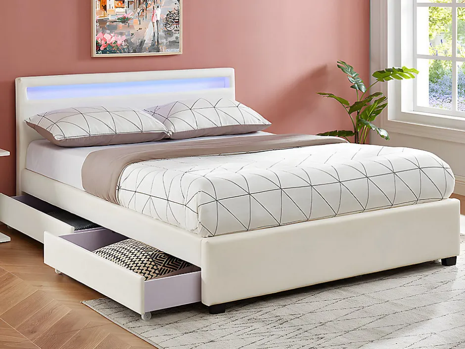 Vente-unique Lit 140 x 190 cm avec rangements - Simili blanc avec LEDs - ALOIS II