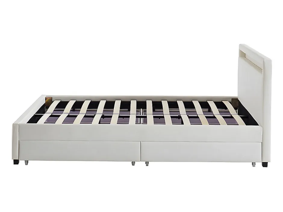 Vente-unique Lit 140 x 190 cm avec rangements - Simili blanc avec LEDs - ALOIS II