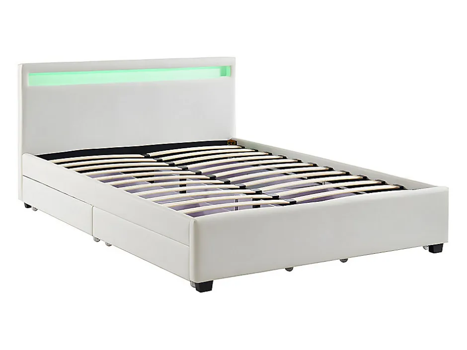 Vente-unique Lit 140 x 190 cm avec rangements - Simili blanc avec LEDs - ALOIS II
