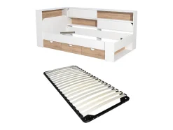 Vente-unique Lit 90 x 190 cm avec rangements - Coloris : Blanc et naturel + Sommier - TAMADU