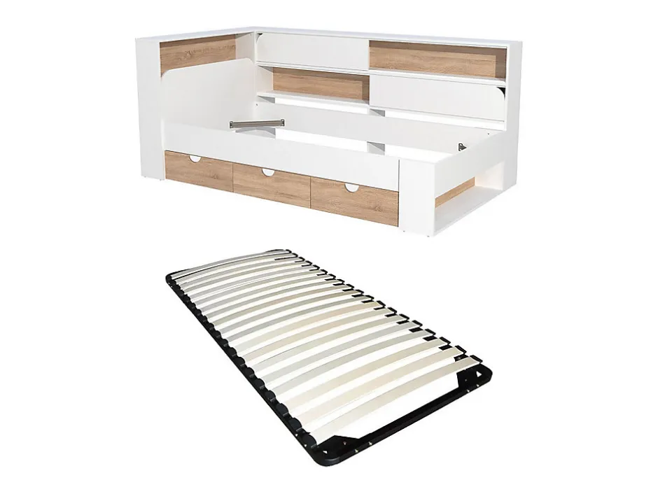 Vente-unique Lit 90 x 190 cm avec rangements - Coloris : Blanc et naturel + Sommier - TAMADU