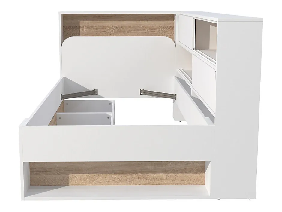 Vente-unique Lit 90 x 190 cm avec rangements - Coloris : Blanc et naturel + Sommier - TAMADU