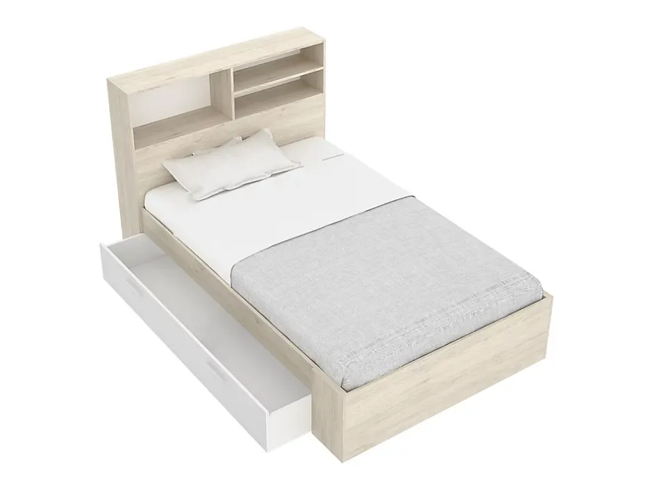 Vente-unique Lit 120 x 190 cm avec rangements - Coloris : Naturel et blanc - VARDIEL Best
