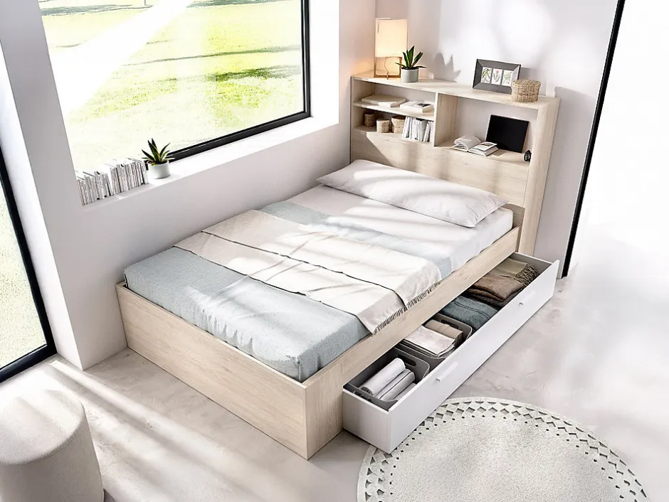 Vente-unique Lit 120 x 190 cm avec rangements - Coloris : Naturel et blanc - VARDIEL Best