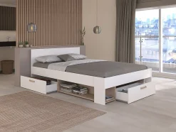 Vente-unique Lit 140 x 190/200 cm avec rangements - Blanc et naturel - KINSELIA