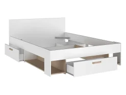 Vente-unique Lit 140 x 190/200 cm avec rangements - Blanc et naturel - KINSELIA