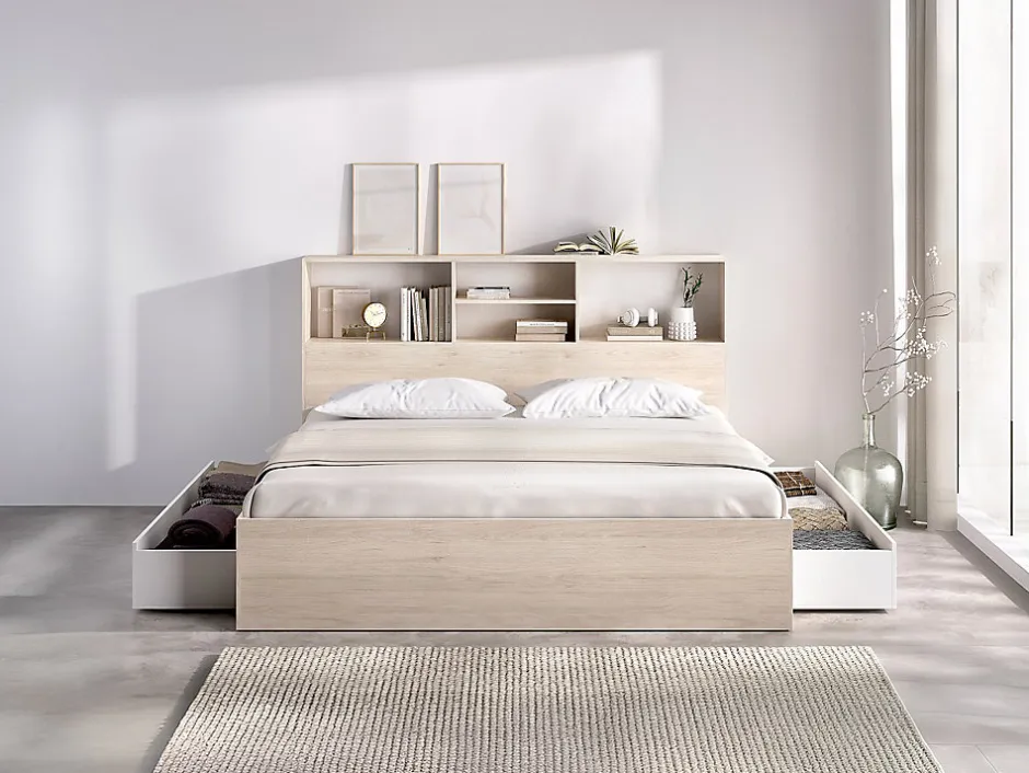 Vente-unique Lit 140 x 190 cm avec rangements - Coloris : Naturel et blanc + Sommier + Matelas - VARDIEL