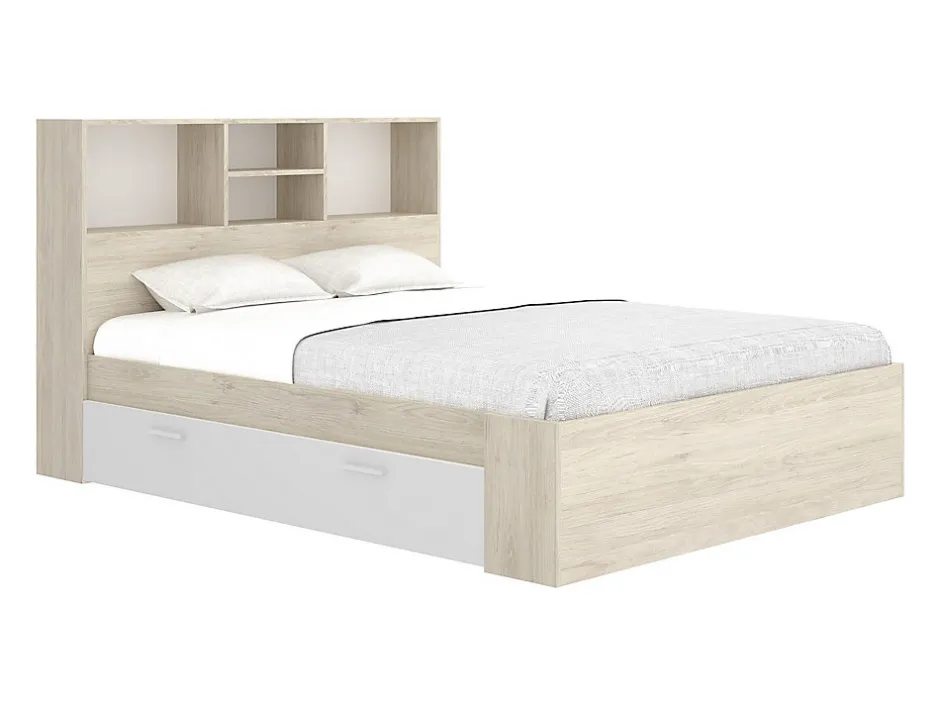 Vente-unique Lit 140 x 190 cm avec rangements - Coloris : Naturel et blanc + Sommier + Matelas - VARDIEL