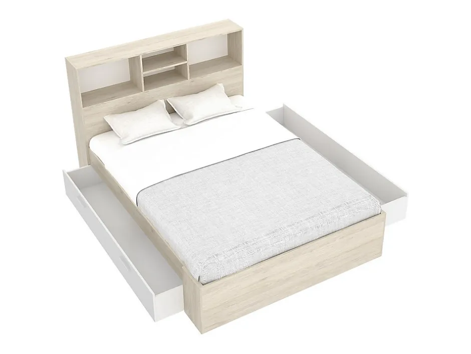 Vente-unique Lit 140 x 190 cm avec rangements - Coloris : Naturel et blanc + Sommier + Matelas - VARDIEL