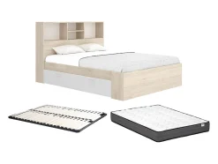 Vente-unique Lit 140 x 190 cm avec rangements - Coloris : Naturel et blanc + Sommier + Matelas - VARDIEL