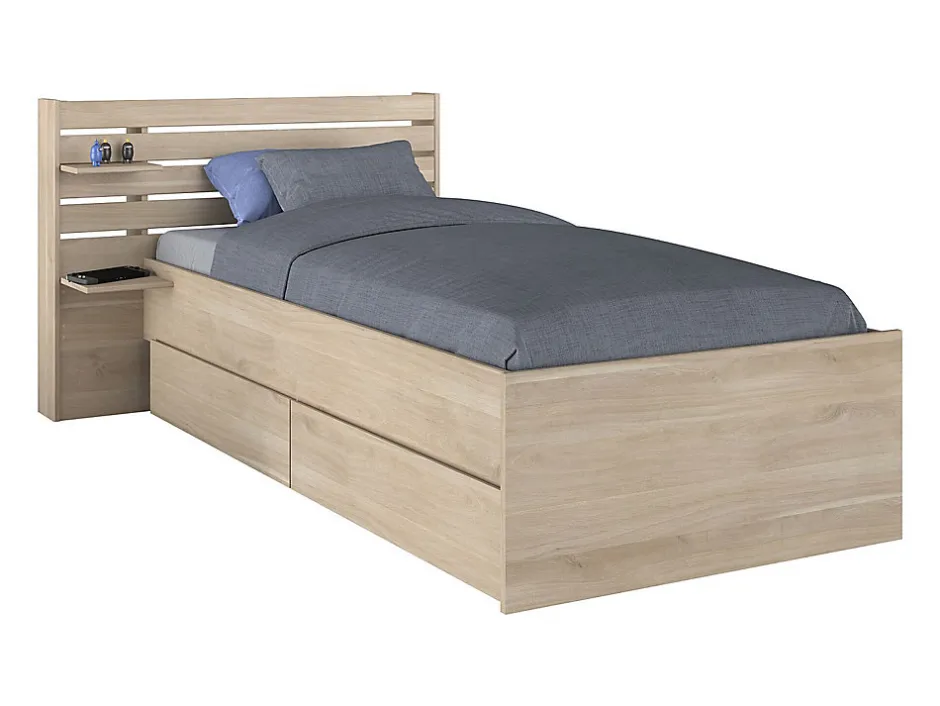 Vente-unique Lit 90 x 190/200 cm avec rangements - Coloris : Naturel + Sommier - TENALIA