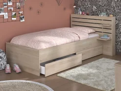 Vente-unique Lit 90 x 190/200 cm avec rangements - Coloris : Naturel + Sommier - TENALIA