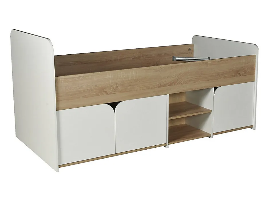 Vente-unique Lit 90 x 190 cm avec rangements - Coloris : Naturel et blanc + Sommier - LOSTYA