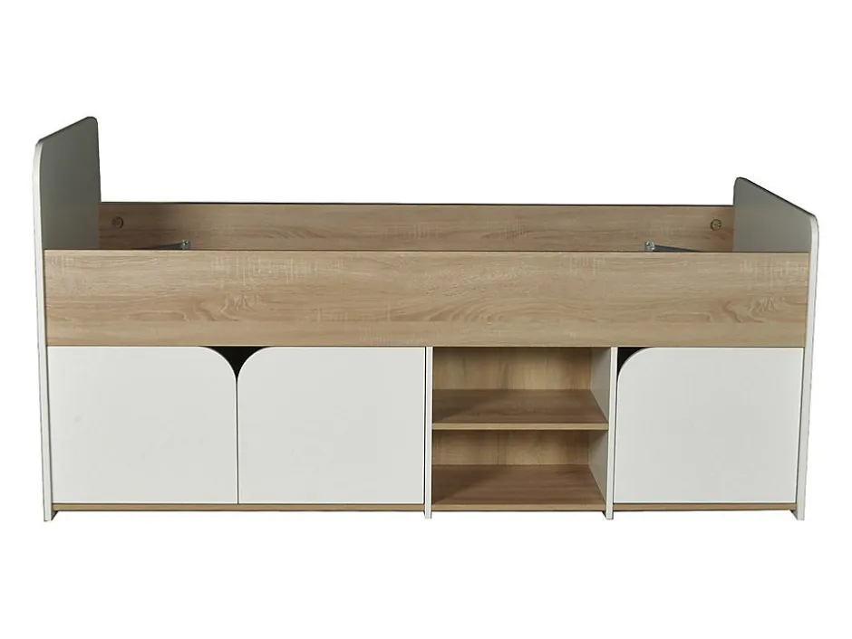 Vente-unique Lit 90 x 190 cm avec rangements - Coloris : Naturel et blanc + Sommier - LOSTYA