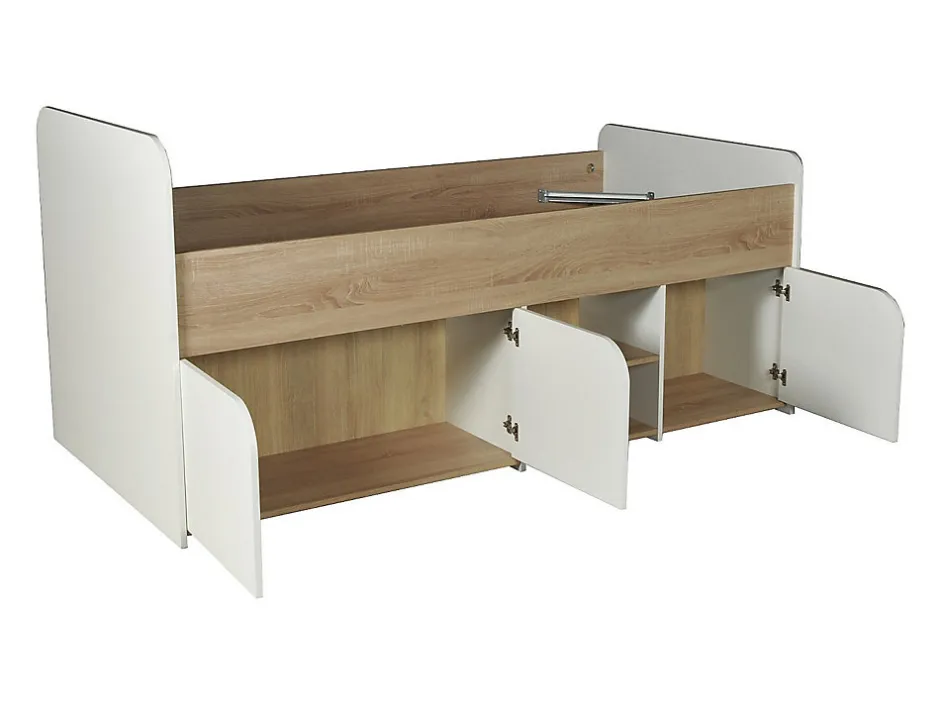 Vente-unique Lit 90 x 190 cm avec rangements - Coloris : Naturel et blanc + Sommier - LOSTYA