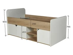 Vente-unique Lit 90 x 190 cm avec rangements - Coloris : Naturel et blanc + Sommier - LOSTYA