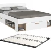 Vente-unique Lit 140 x 190/200 cm avec rangements - Blanc et naturel + Sommier - KINSELIA