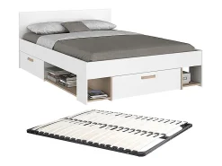 Vente-unique Lit 140 x 190/200 cm avec rangements - Blanc et naturel + Sommier - KINSELIA