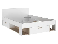 Vente-unique Lit 140 x 190/200 cm avec rangements - Blanc et naturel + Sommier - KINSELIA