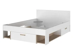 Vente-unique Lit 140 x 190/200 cm avec rangements - Blanc et naturel + Sommier - KINSELIA