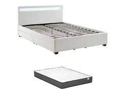 Vente-unique Lit 140 x 190 cm avec rangements - Simili blanc avec LEDs + Matelas - ALOIS II