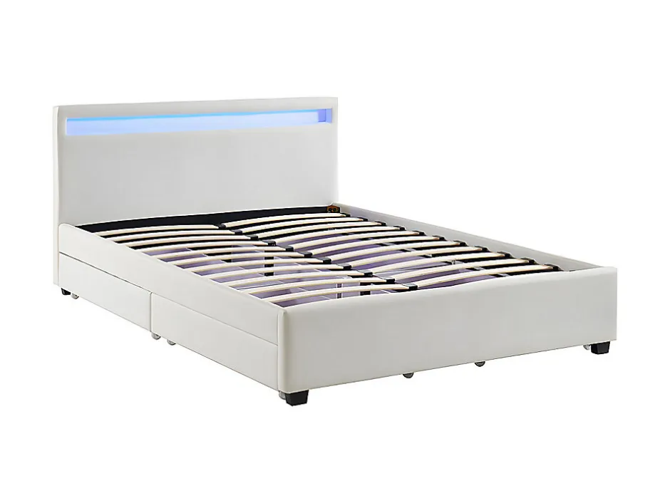 Vente-unique Lit 140 x 190 cm avec rangements - Simili blanc avec LEDs + Matelas - ALOIS II