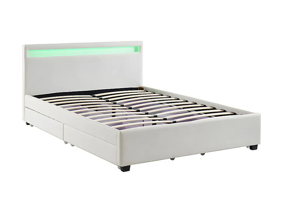 Vente-unique Lit 140 x 190 cm avec rangements - Simili blanc avec LEDs + Matelas - ALOIS II