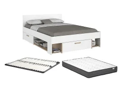 Vente-unique Lit 140 x 190/200 cm avec rangements - Blanc et naturel + Sommier + Matelas - KINSELIA