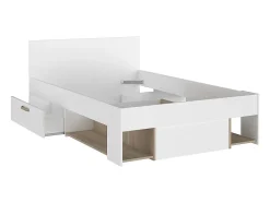 Vente-unique Lit 120 x 190/200 cm avec rangements - Blanc et naturel + Sommier - KINSELIA