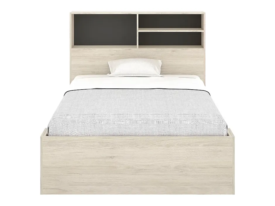 Vente-unique Lit 120 x 190 cm avec rangements - Coloris : Naturel et anthracite + Sommier + Matelas - VARDIEL