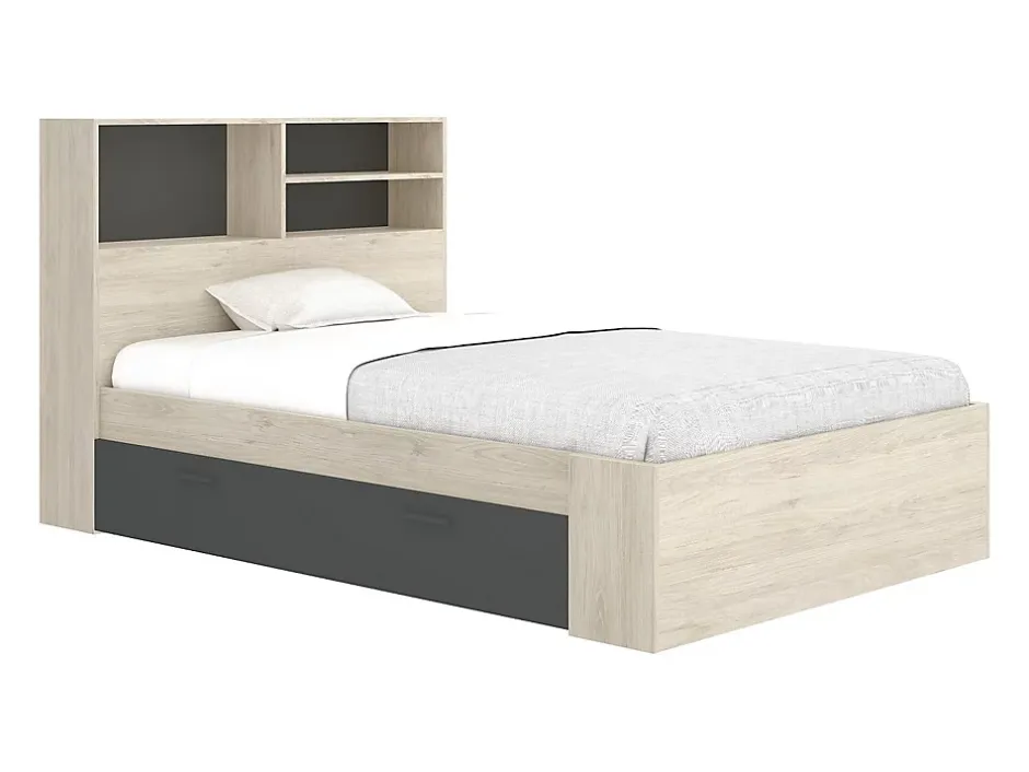 Vente-unique Lit 120 x 190 cm avec rangements - Coloris : Naturel et anthracite + Sommier + Matelas - VARDIEL