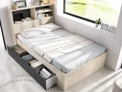 Vente-unique Lit 120 x 190 cm avec rangements - Coloris : Naturel et anthracite + Sommier + Matelas - VARDIEL