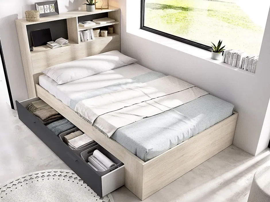 Vente-unique Lit 120 x 190 cm avec rangements - Coloris : Naturel et anthracite + Sommier + Matelas - VARDIEL