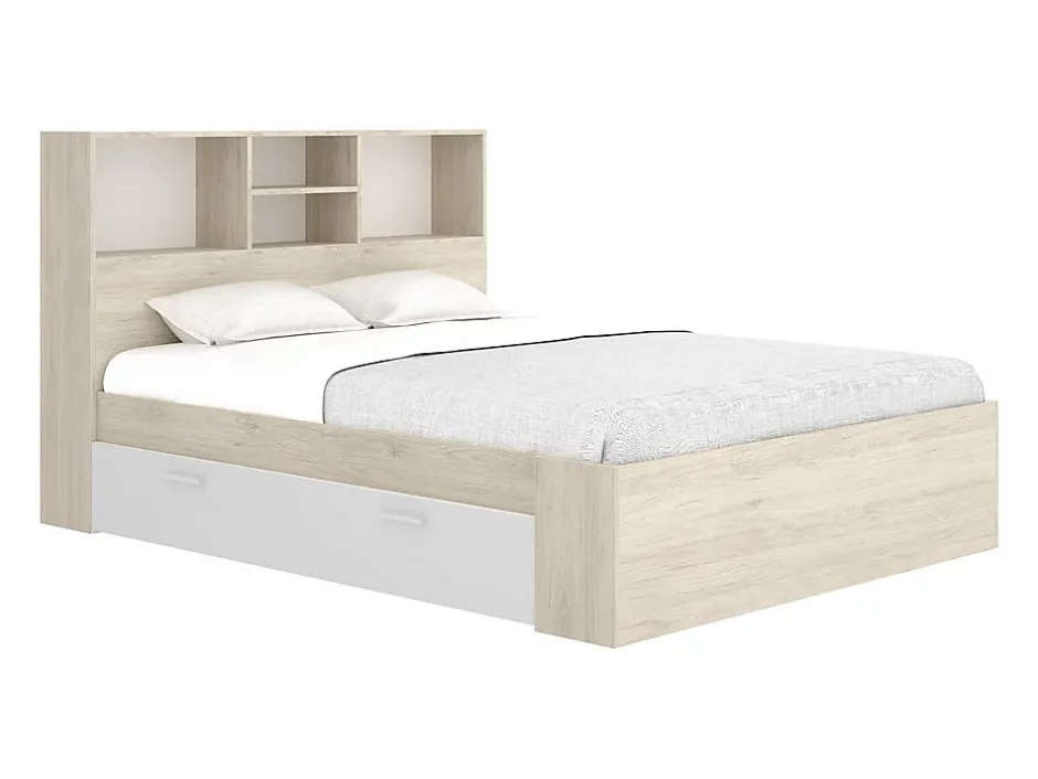 Vente-unique Lit 140 x 190 cm avec rangements - Coloris : Naturel et blanc + Sommier - VARDIEL New
