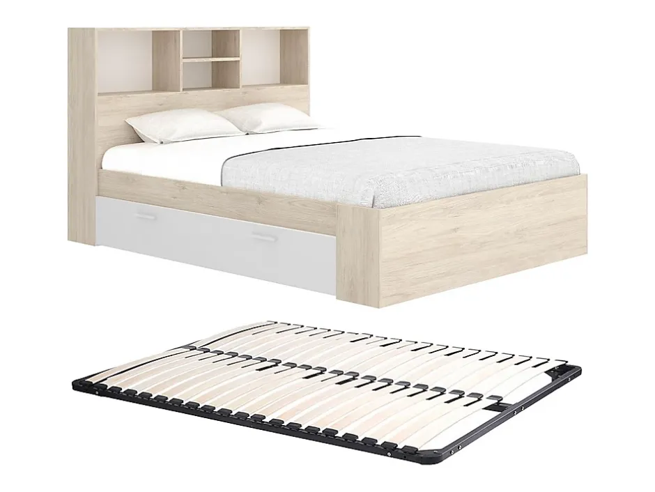 Vente-unique Lit 140 x 190 cm avec rangements - Coloris : Naturel et blanc + Sommier - VARDIEL New