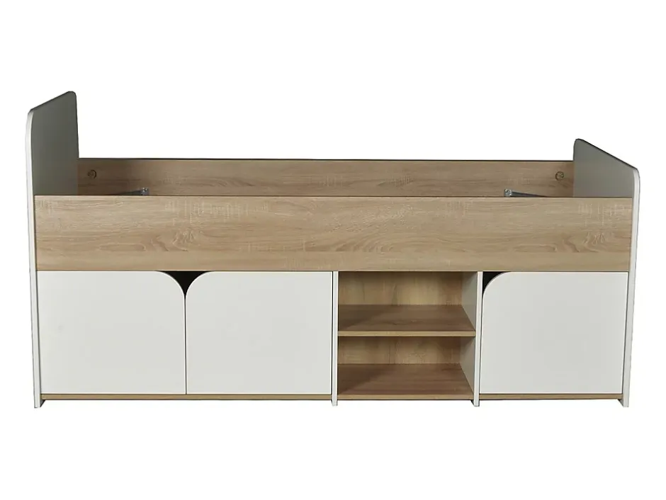 Vente-unique Lit 90 x 190 cm avec rangements - Coloris : Naturel et blanc + Sommier + Matelas - LOSTYA Best