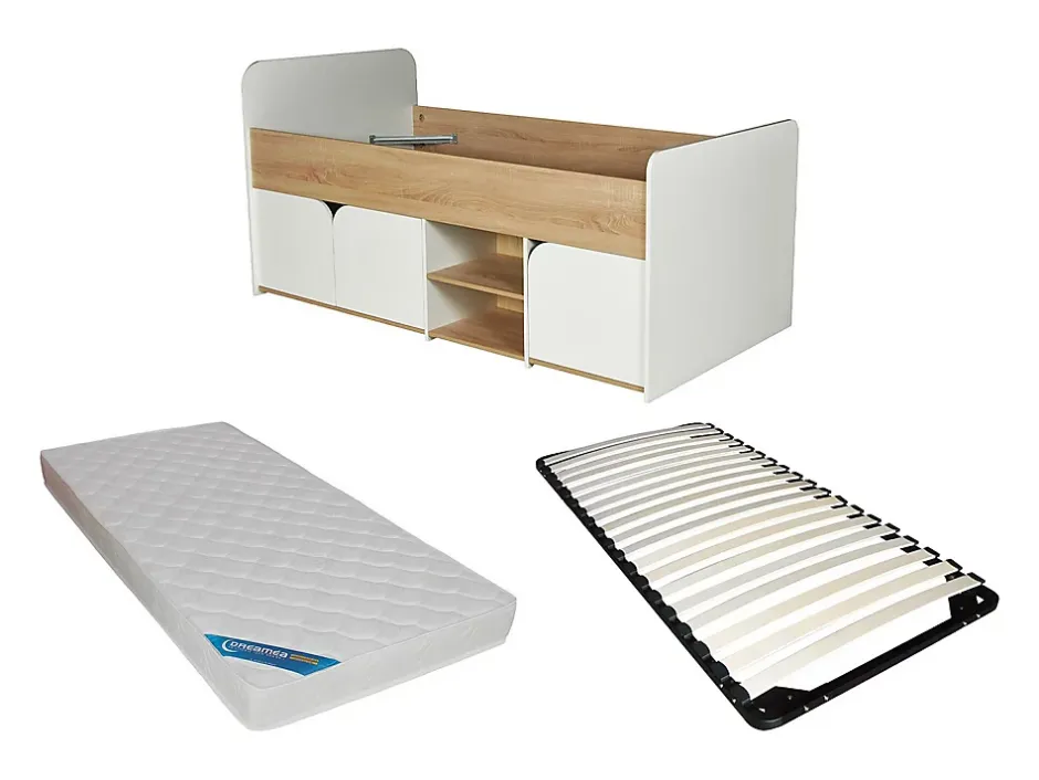 Vente-unique Lit 90 x 190 cm avec rangements - Coloris : Naturel et blanc + Sommier + Matelas - LOSTYA Best