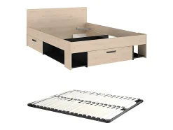 Vente-unique Lit 140 x 190/200 cm avec rangements - Coloris : Naturel et noir + Sommier - KINSELIA New