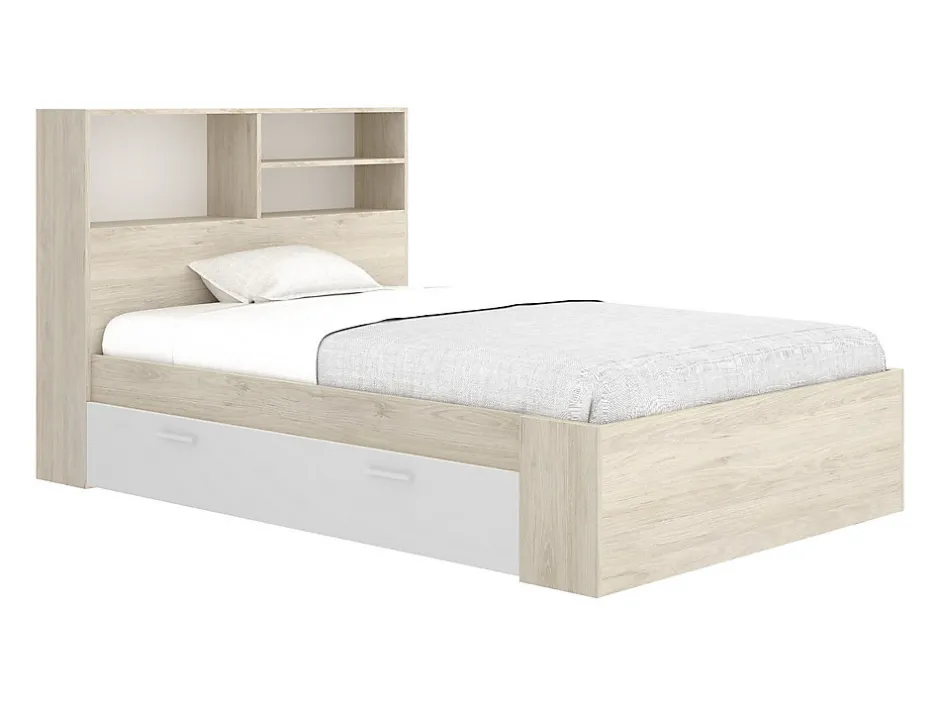Vente-unique Lit 120 x 190 cm avec rangements - Coloris : Naturel et blanc + Sommier + Matelas - VARDIEL