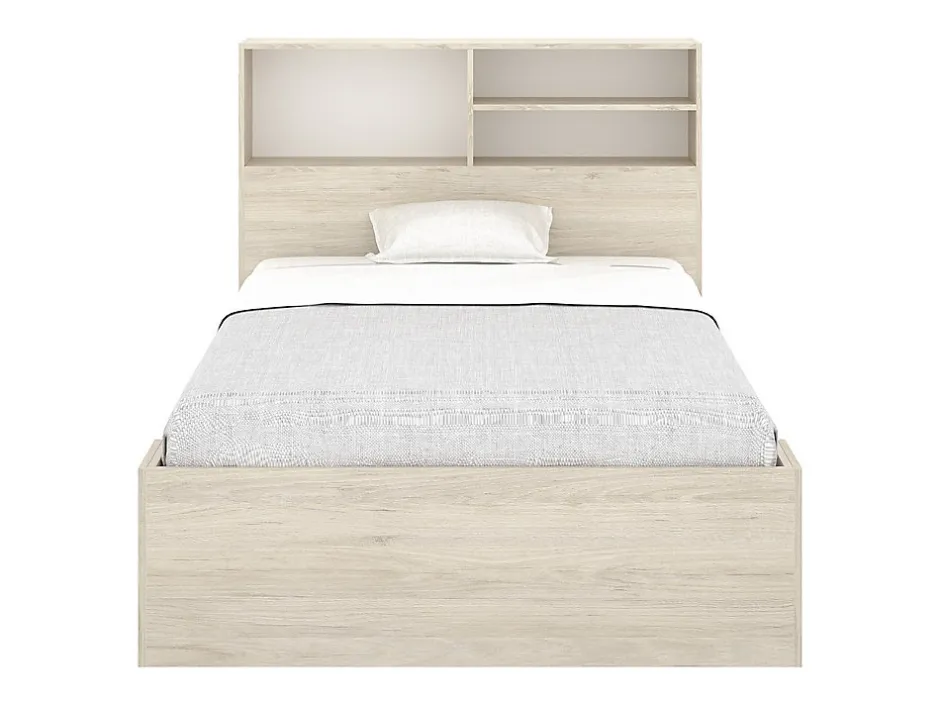 Vente-unique Lit 120 x 190 cm avec rangements - Coloris : Naturel et blanc + Sommier + Matelas - VARDIEL
