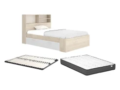 Vente-unique Lit 120 x 190 cm avec rangements - Coloris : Naturel et blanc + Sommier + Matelas - VARDIEL