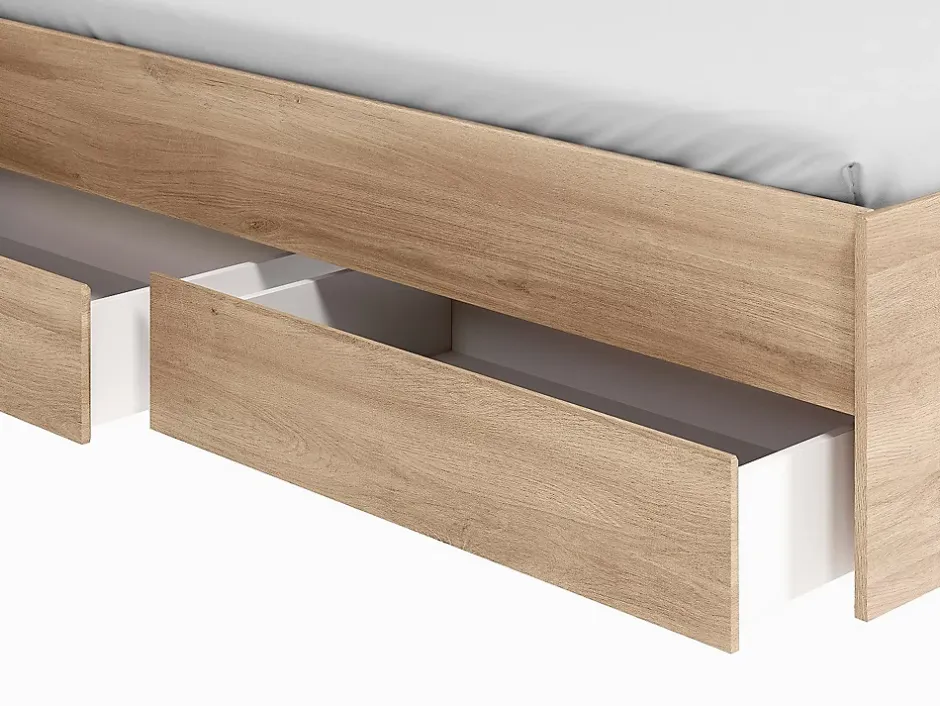 Vente-unique Lit 140 x 190/200 cm avec rangements - Coloris : Naturel + Sommier + Matelas - TENALIA II Outlet