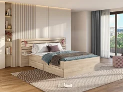 Vente-unique Lit 140 x 190/200 cm avec rangements - Coloris : Naturel + Sommier + Matelas - TENALIA II Outlet