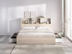 Vente-unique Lit 140 x 190 cm avec rangements - Coloris : Naturel et blanc - VARDIEL