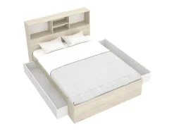 Vente-unique Lit 140 x 190 cm avec rangements - Coloris : Naturel et blanc - VARDIEL