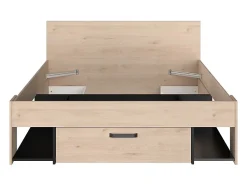 Vente-unique Lit 140 x 190/200 cm avec tête de lit et rangements - Coloris : Naturel et noir + Sommier + Matelas - KINSELIA Discount