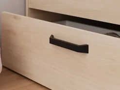 Vente-unique Lit 140 x 190/200 cm avec tête de lit et rangements - Coloris : Naturel et noir + Sommier + Matelas - KINSELIA Discount