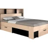 Vente-unique Lit 140 x 190/200 cm avec tête de lit et rangements - Coloris : Naturel et noir - KINSELIA