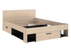Vente-unique Lit 140 x 190/200 cm avec tête de lit et rangements - Coloris : Naturel et noir - KINSELIA
